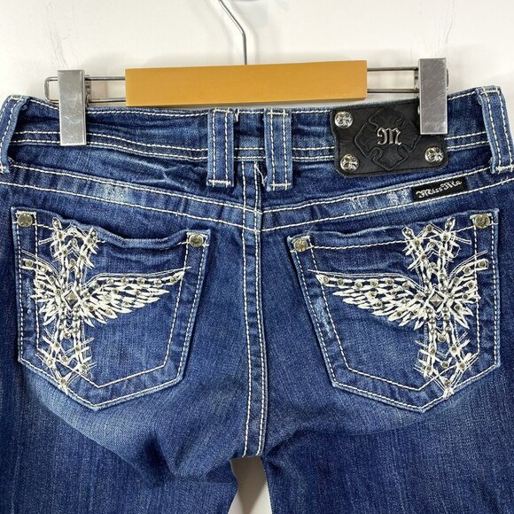 Miss Me Jeans Size 28 Bradbury Skinny Denim Blue Bling Pockets Thick Stitch - Picture 2 of 5